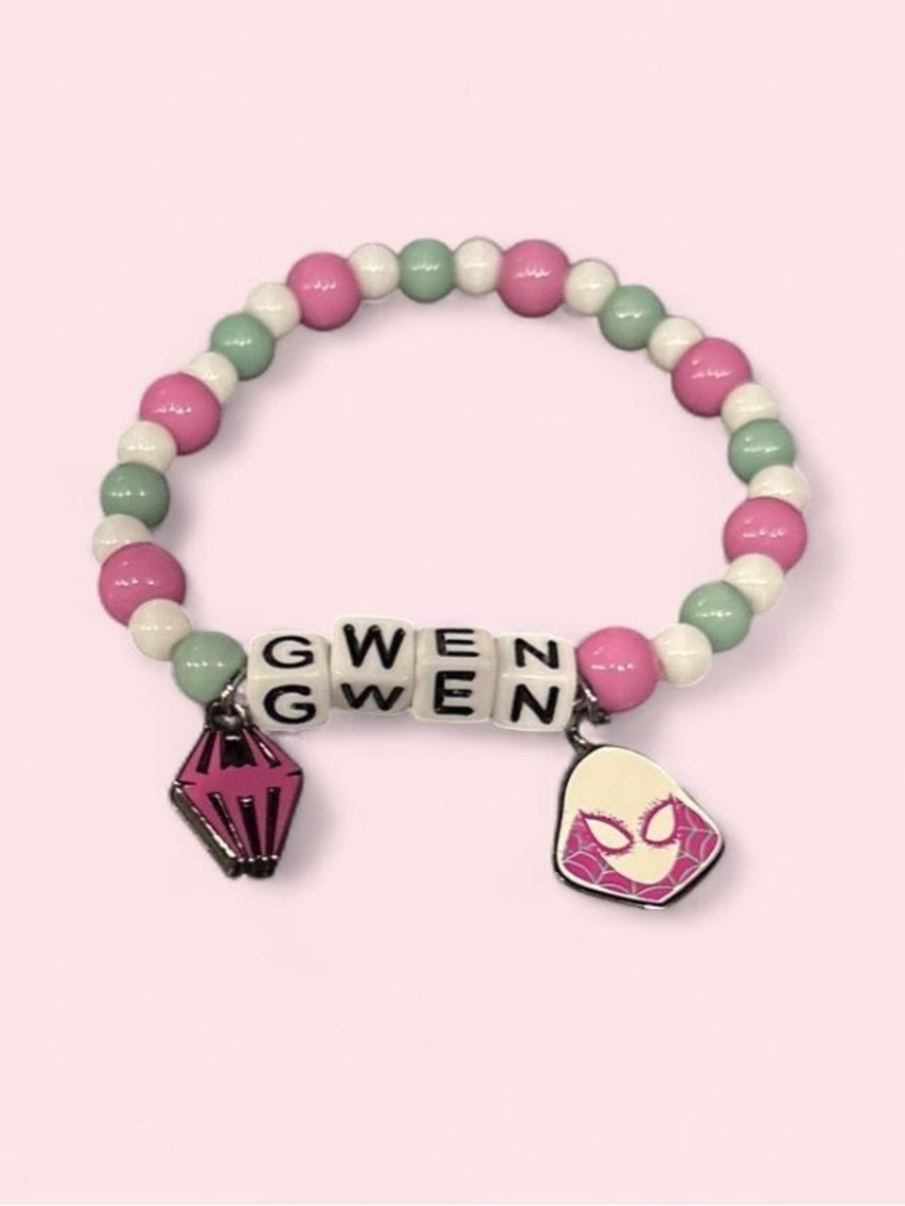 Spider Man Gwen Beaded Charm Bracelet in Pink & Mint